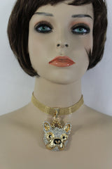 Gold Mesh Metal Charm Dog Pet Pendant Choker Necklace Hip Hop Sexy
