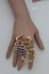 Gold Silver Metal 2 Fingers Big Scorpion Black Blue Rhinestones Elastic Band Ring