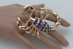 Gold Silver Metal 2 Fingers Big Scorpion Black Blue Rhinestones Elastic Band Ring