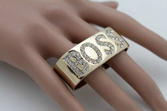Gold Metal BOSS 2 Fingers Silver Rhinestones Wide Band Ring Women Trendy