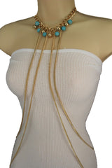 Turquoise Bead Necklace Multi-Strand Gold Metal Body Chain