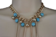 Turquoise Bead Necklace Multi-Strand Gold Metal Body Chain