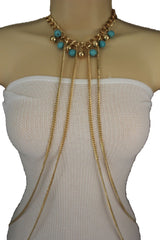 Turquoise Bead Necklace Multi-Strand Gold Metal Body Chain