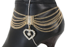 Dangling Rhinestone Heart Charm Multi Strand Metal Boot Chain