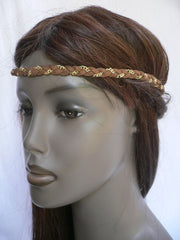 Gold Metal Brown Faux Suede Head Elastic Band Forehead Punk Rock