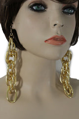 Gold Metal Chain Chunky Thick Links Hip Hop Long Drop Earrings Set