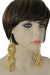Gold Metal Chain Chunky Thick Links Hip Hop Long Drop Earrings Set