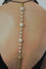 Gold Metal Chain Fringes Imitation Pearl Beads Long Back Pendant Necklace
