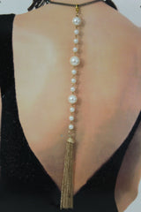 Gold Metal Chain Fringes Imitation Pearl Beads Long Back Pendant Necklace
