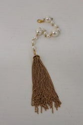 Gold Metal Chain Fringes Imitation Pearl Beads Long Back Pendant Necklace