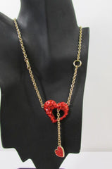 Gold Metal Chain Inside Out Red Heart Rhinestone Long Necklace