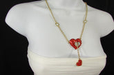 Gold Metal Chain Inside Out Red Heart Rhinestone Long Necklace