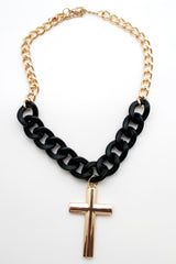 Gold Metal Chain Links Charm Black Big Cross Pendant Long Necklace