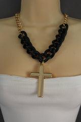 Gold Metal Chain Links Charm Black Big Cross Pendant Long Necklace