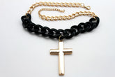 Gold Metal Chain Links Charm Black Big Cross Pendant Long Necklace