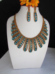 Gold Chain Flowers Statement Jewelry Brown Blue Rhinestones Necklace Earrings Accessories