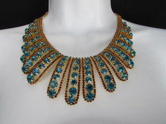 Gold Chain Flowers Statement Jewelry Brown Blue Rhinestones Necklace Earrings Accessories