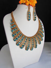 Gold Chain Flowers Statement Jewelry Brown Blue Rhinestones Necklace Earrings Accessories