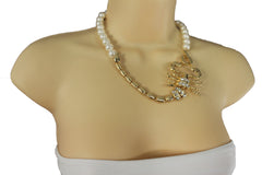 Gold Metal Chain Pearl Bead Choker Short Necklace Silver Black Rhinestones Big Scorpion Pendant