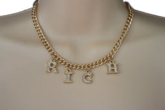 Gold Metal Chain RICH Letters Pendant Short Necklace