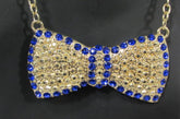 Gold Metal Chains Ribbon Bow Multicolor Rhinestones Short Necklace