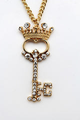 Gold Metal Chains King Crown Queen Key Charm Long Necklace