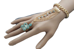 Gold Metal Hand Chain Bracelet Multi Rhinestone Turquoise Snake