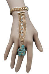 Gold Metal Hand Chain Bracelet Multi Rhinestone Turquoise Snake