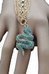 Gold Metal Hand Chain Bracelet Multi Rhinestone Turquoise Snake