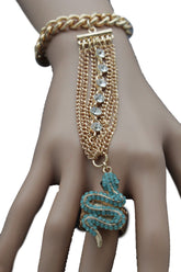 Gold Metal Hand Chain Bracelet Multi Rhinestone Turquoise Snake