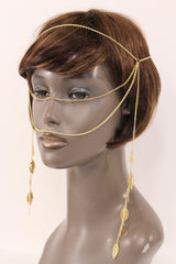 Gold Metal Head Chain Front Forehead Back Face Side Tassle Leaves Strand