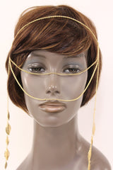 Gold Metal Head Chain Front Forehead Back Face Side Tassle Leaves Strand