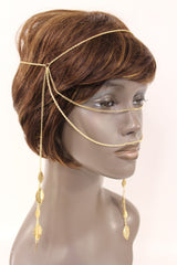 Gold Metal Head Chain Front Forehead Back Face Side Tassle Leaves Strand