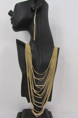Gold Metal Multi Chains Waves 15 Strands 22" Long Necklace Earrings