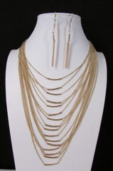 Gold Metal Multi Chains Waves 15 Strands 22" Long Necklace Earrings