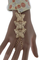 Orange & Polka Dot Cuff with Gold Butterfly Hand Chain