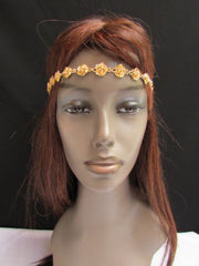 Gold Metal Elastic Head Chain Multi Flowers Leaves Hair