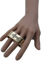 Gold Metal Wide Band 2 Finger Religious Cross Bling Ring Women Trendy