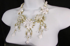 Gold Metals Chains White Or Aqua Blue Multi Trendy Beads Flowers Bib Necklace