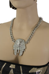 Gold Silver Metal Chain Egyptian Pharaoh Pendant Silver Rhinestones Bead Necklace