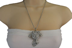 Gold Silver Metal Chains Fish Pendant Charm Rhinestones Long Necklace