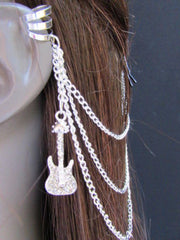 Rhinestone Guitar Charm Multi Chain Metal Hair Pin Ear Cuff