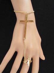 Gold Silver Metal Hand Chain Bracelet 7 1/2" Big Cross Women Trendy