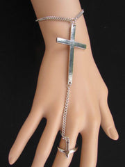 Gold Silver Metal Hand Chain Bracelet 7 1/2" Big Cross Women Trendy