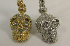Gold Silver Metal Long Chain Skull Skeleton Head Multi Rhinestones Necklace