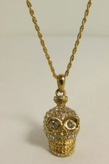 Gold Silver Metal Long Chain Skull Skeleton Head Multi Rhinestones Necklace