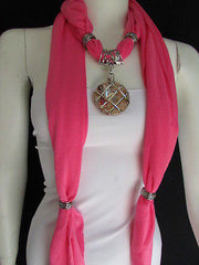 Glass Pendant Pink Soft Fabric Scarf Long Necklace Silver Metal  New Women  Fashion - alwaystyle4you - 1