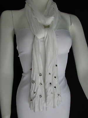 Women Soft Fabric Fashion White / Blue /  Gray / Black Scarf Long Necklace Silver Metal Stars Studs - alwaystyle4you - 1