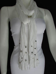 Women Soft Fabric Fashion White / Blue /  Gray / Black Scarf Long Necklace Silver Metal Stars Studs - alwaystyle4you - 1