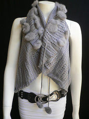 Women Gray Trendy Knit Shawl Warm Sexy Top Faux Fun Ball Fashion Sweater Size L - alwaystyle4you - 1